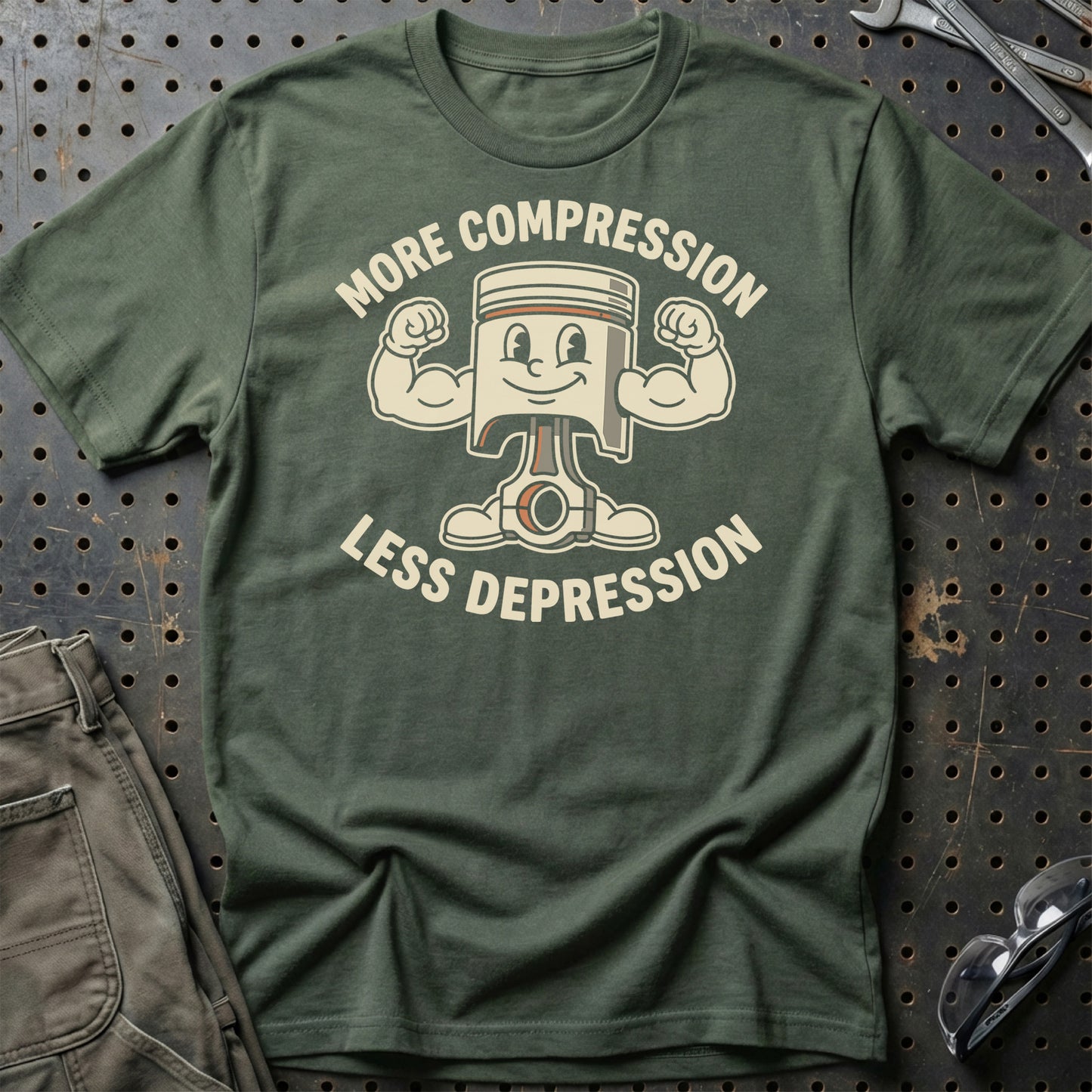 More Compression, Less Depression - Unisex T-Shirt , Bomuld-Beklædning-Garage Culture-Grøn Militær-S-Garage Culture Shop- garage - man cave - merchandise