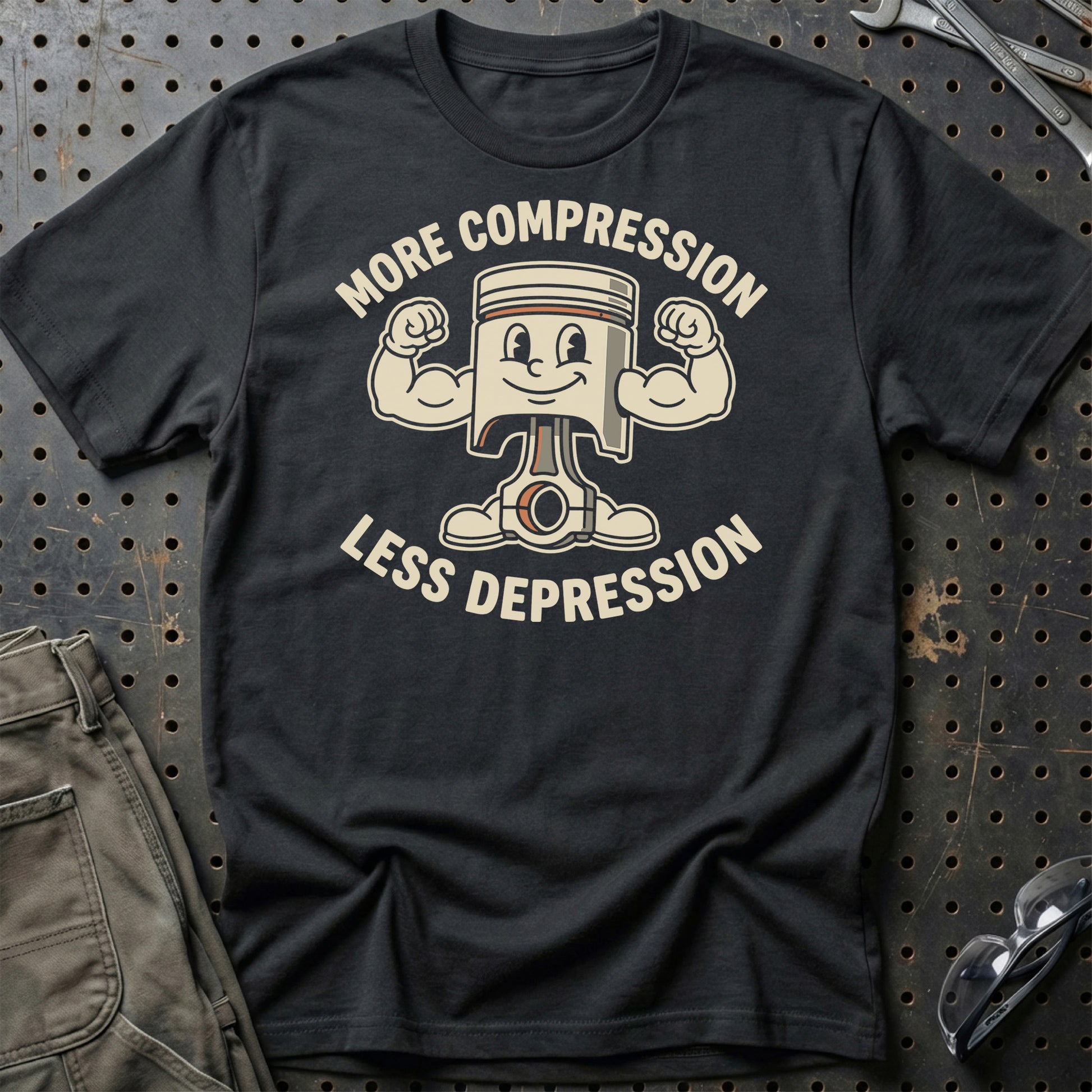 More Compression, Less Depression - Unisex T-Shirt , Bomuld-Beklædning-Garage Culture-Sort-S-Garage Culture Shop- garage - man cave - merchandise