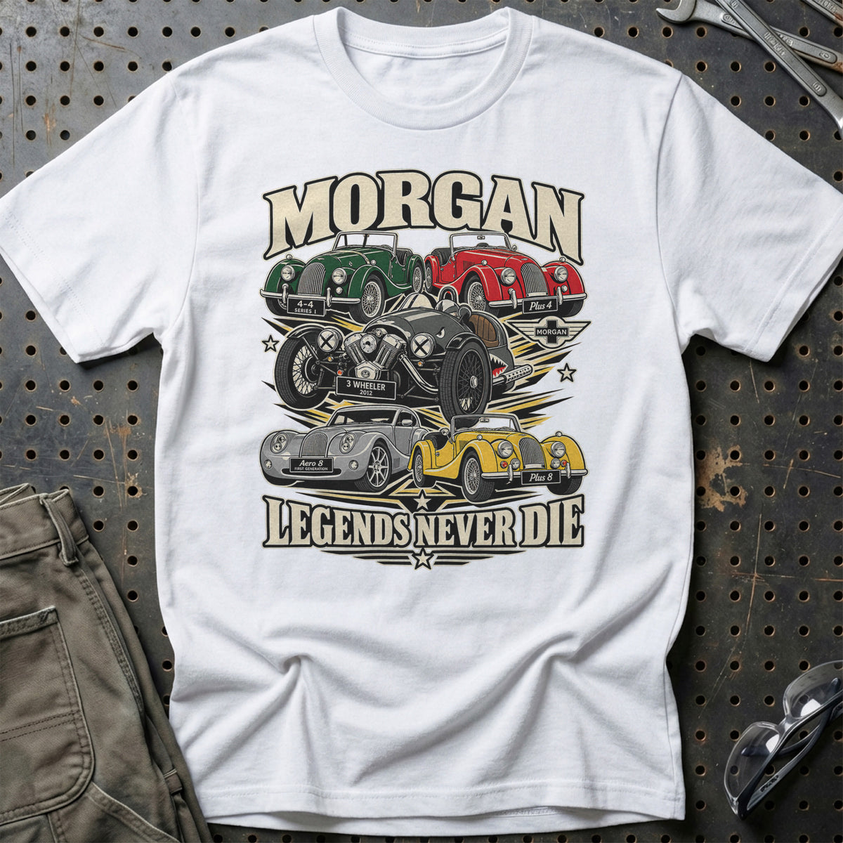 Morgan Legends Never Die T-Shirt-Beklædning-Morgan-Hvid-S-Garage Culture Shop- garage - man cave - merchandise