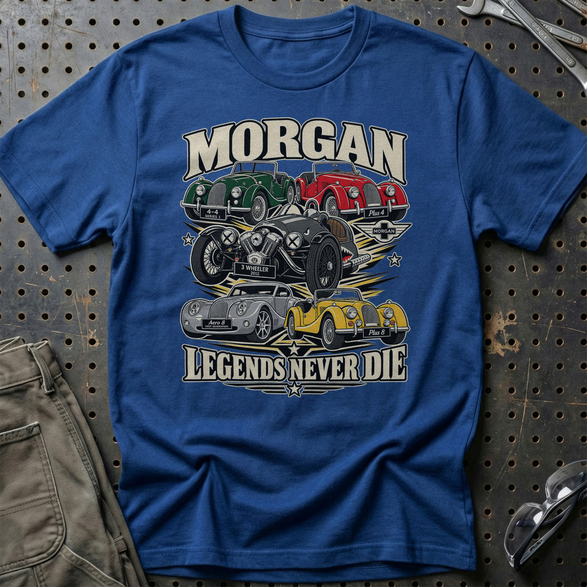 Morgan Legends Never Die T-Shirt-Beklædning-Morgan-Blå Royal-S-Garage Culture Shop- garage - man cave - merchandise
