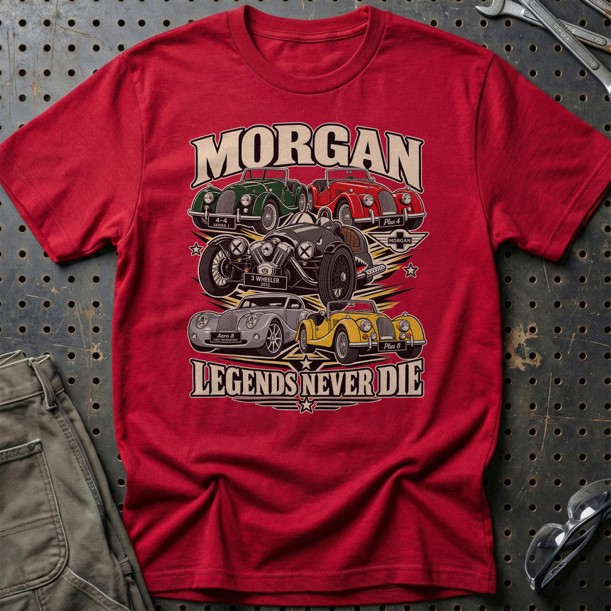 Morgan Legends Never Die T-Shirt-Beklædning-Morgan-Rød-S-Garage Culture Shop- garage - man cave - merchandise