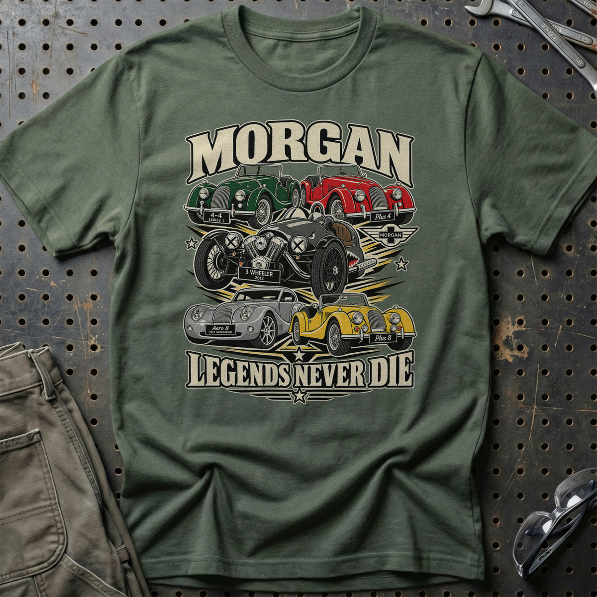 Morgan Legends Never Die T-Shirt-Beklædning-Morgan-Grøn Militær-S-Garage Culture Shop- garage - man cave - merchandise