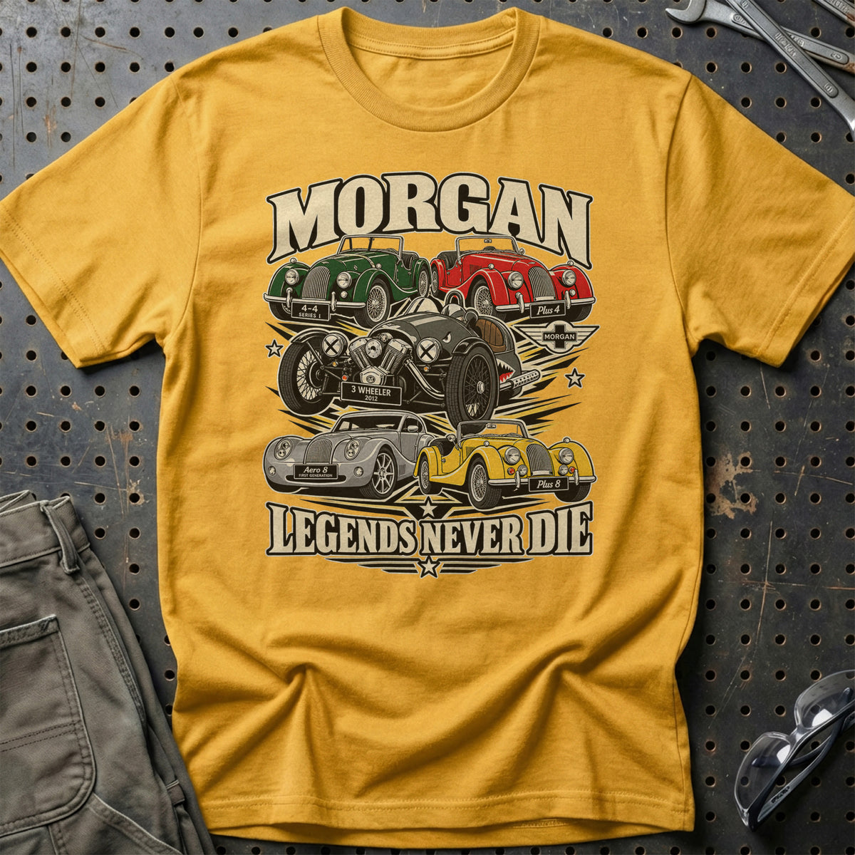 Morgan Legends Never Die T-Shirt-Beklædning-Morgan-Guld-S-Garage Culture Shop- garage - man cave - merchandise