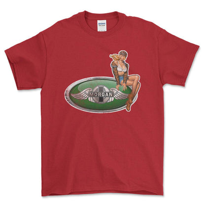 Morgan Pinup - Unisex T-Shirt , Bomuld-Beklædning-Morgan-Rød-S-Forside-Garage Culture Shop- garage - man cave - merchandise