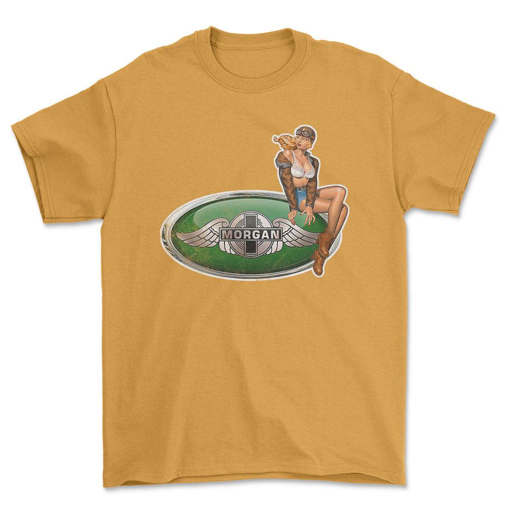 Morgan Pinup - Unisex T-Shirt , Bomuld-Beklædning-Morgan-Guld-S-Forside-Garage Culture Shop- garage - man cave - merchandise