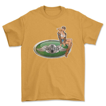 Morgan Pinup - Unisex T-Shirt , Bomuld-Beklædning-Morgan-Guld-S-Forside-Garage Culture Shop- garage - man cave - merchandise