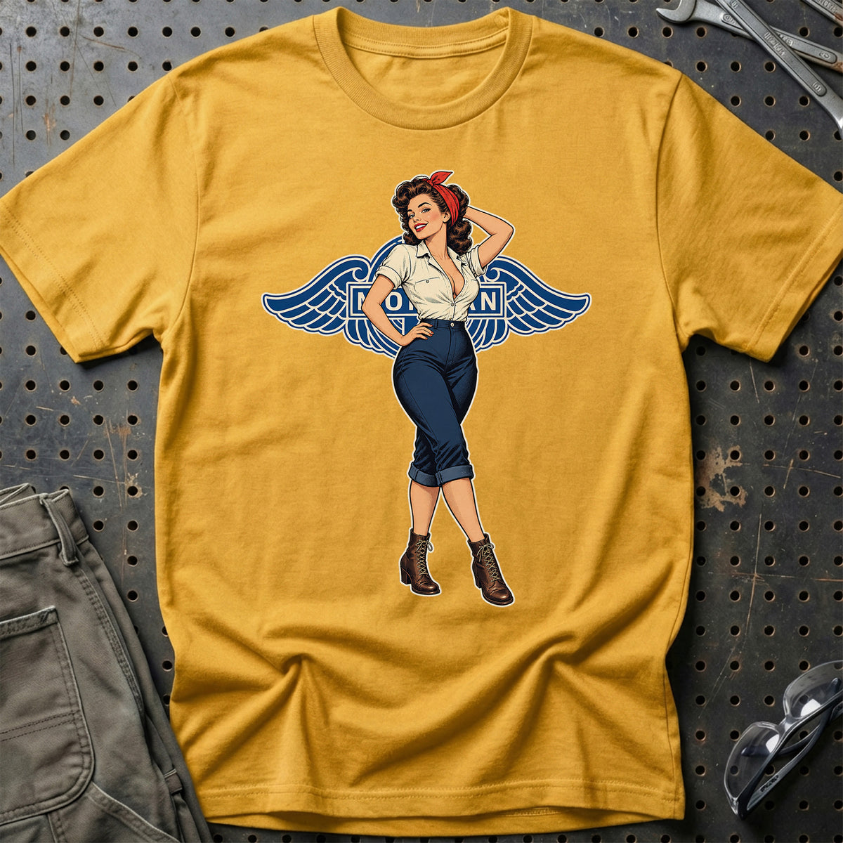 Morgan Retro Pinup – Blå Capri-Bukser T-Shirt-Beklædning-Morgan-Guld-S-Garage Culture Shop- garage - man cave - merchandise