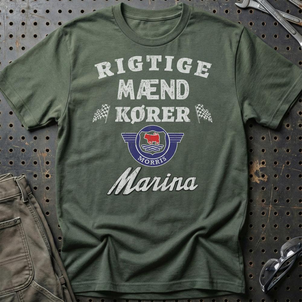 Morris Marina Rigtige Mænd Kører - Unisex T-Shirt , Bomuld-Beklædning-Morris-Grøn Militær-S-Garage Culture Shop- garage - man cave - merchandise