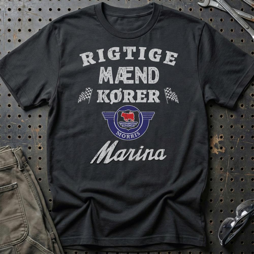 Morris Marina Rigtige Mænd Kører - Unisex T-Shirt , Bomuld-Beklædning-Morris-Sort-S-Garage Culture Shop- garage - man cave - merchandise
