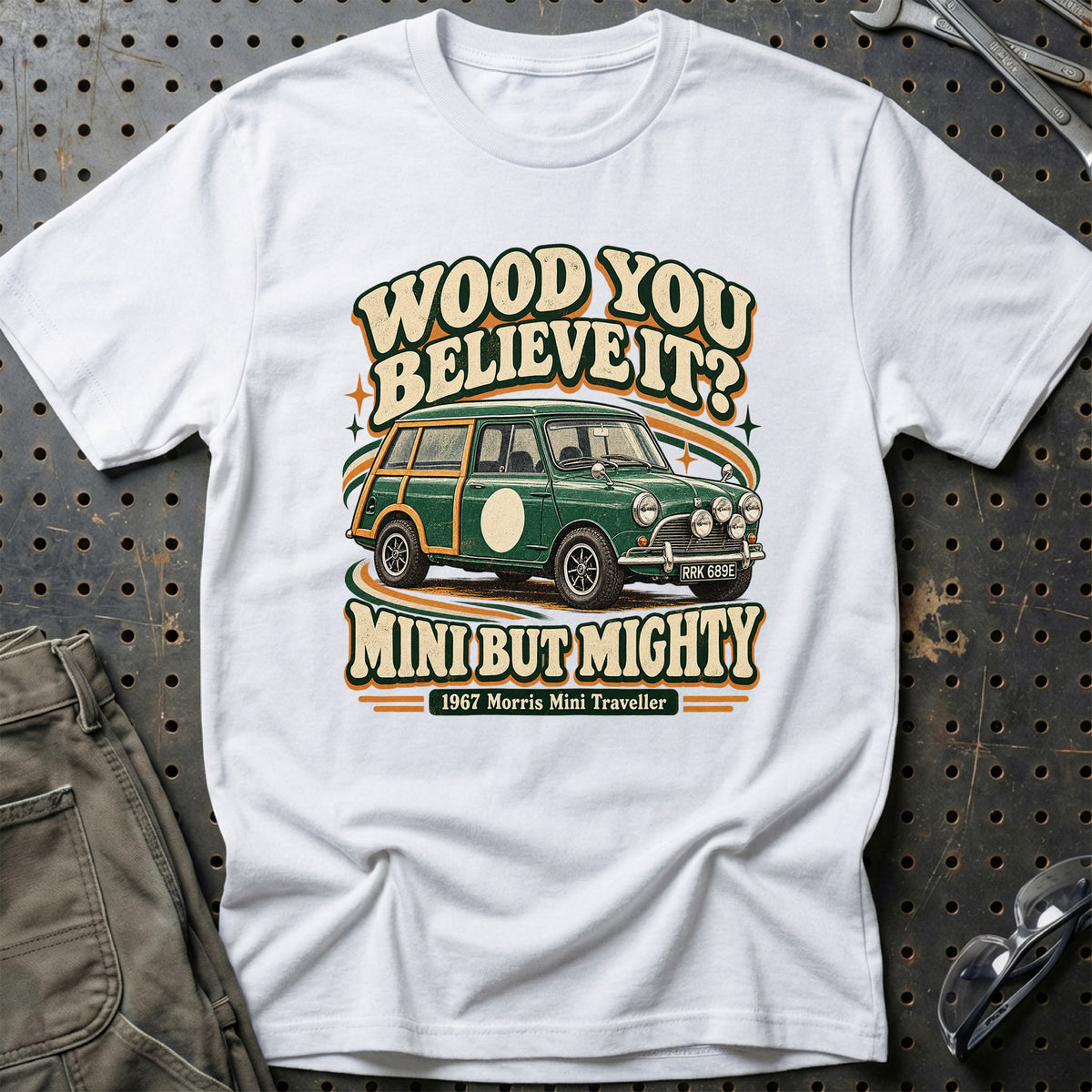 
Morris Mini Traveller 1967 – Mini But Mighty T-Shirt – Hvid