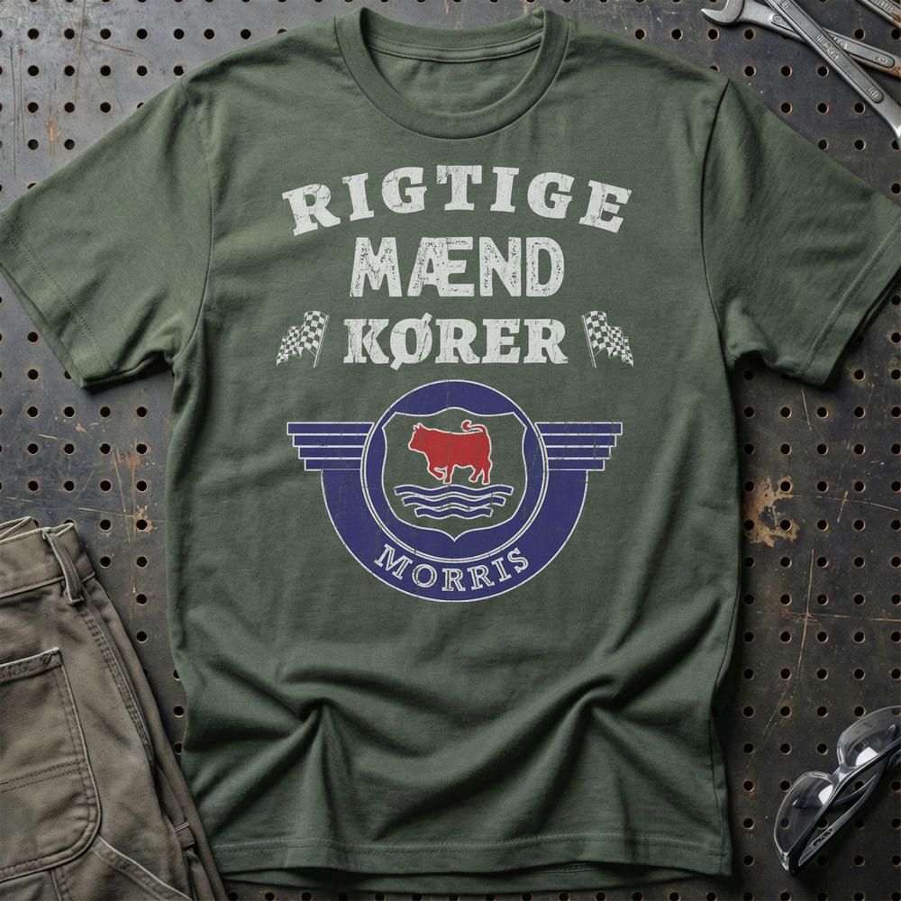Morris Rigtige Mænd Kører - Unisex T-Shirt , Bomuld-Beklædning-Morris-Grøn Militær-S-Garage Culture Shop- garage - man cave - merchandise