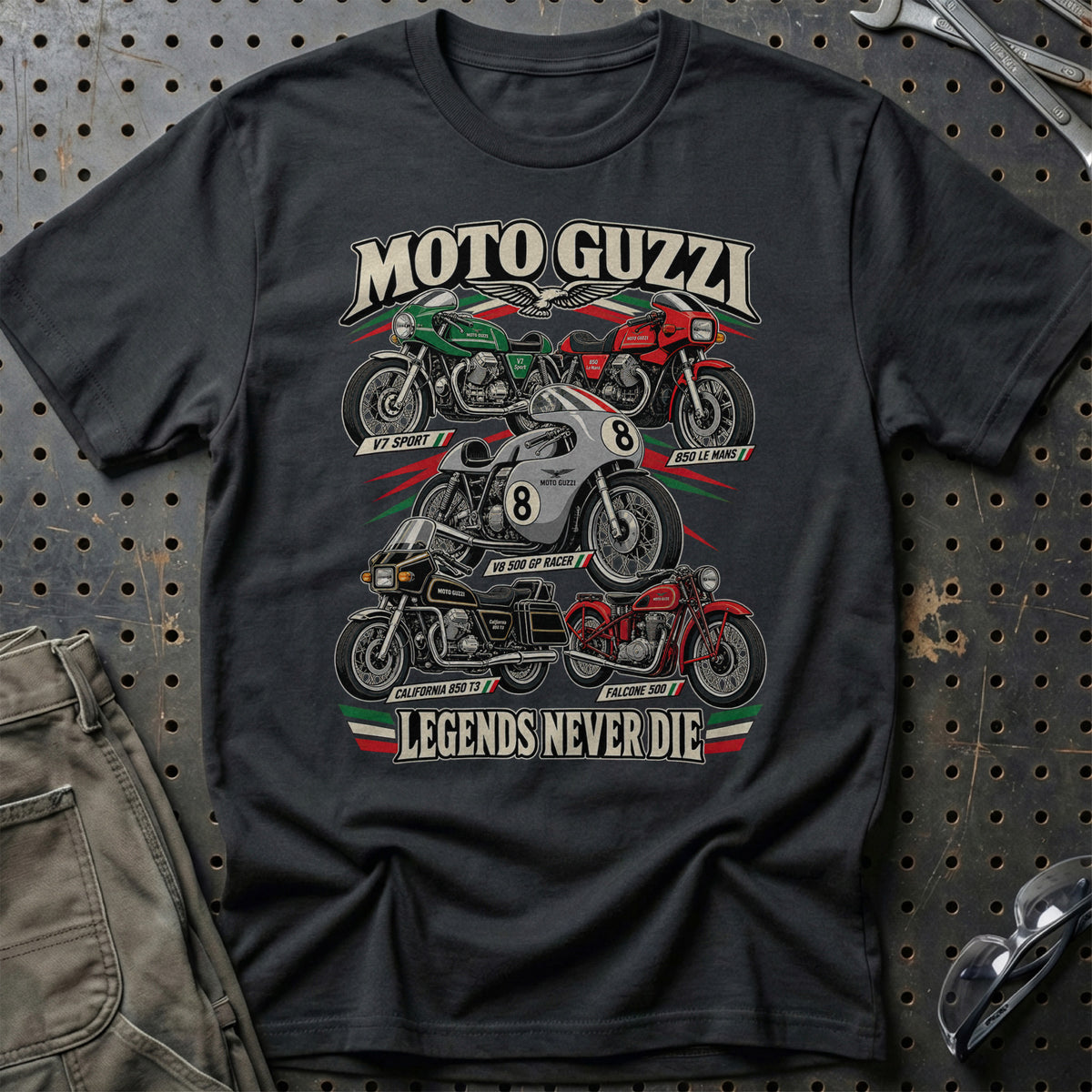 Moto Guzzi Legends Never Die T-Shirt-Beklædning-Moto Guzzi-Sort-S-Garage Culture Shop- garage - man cave - merchandise