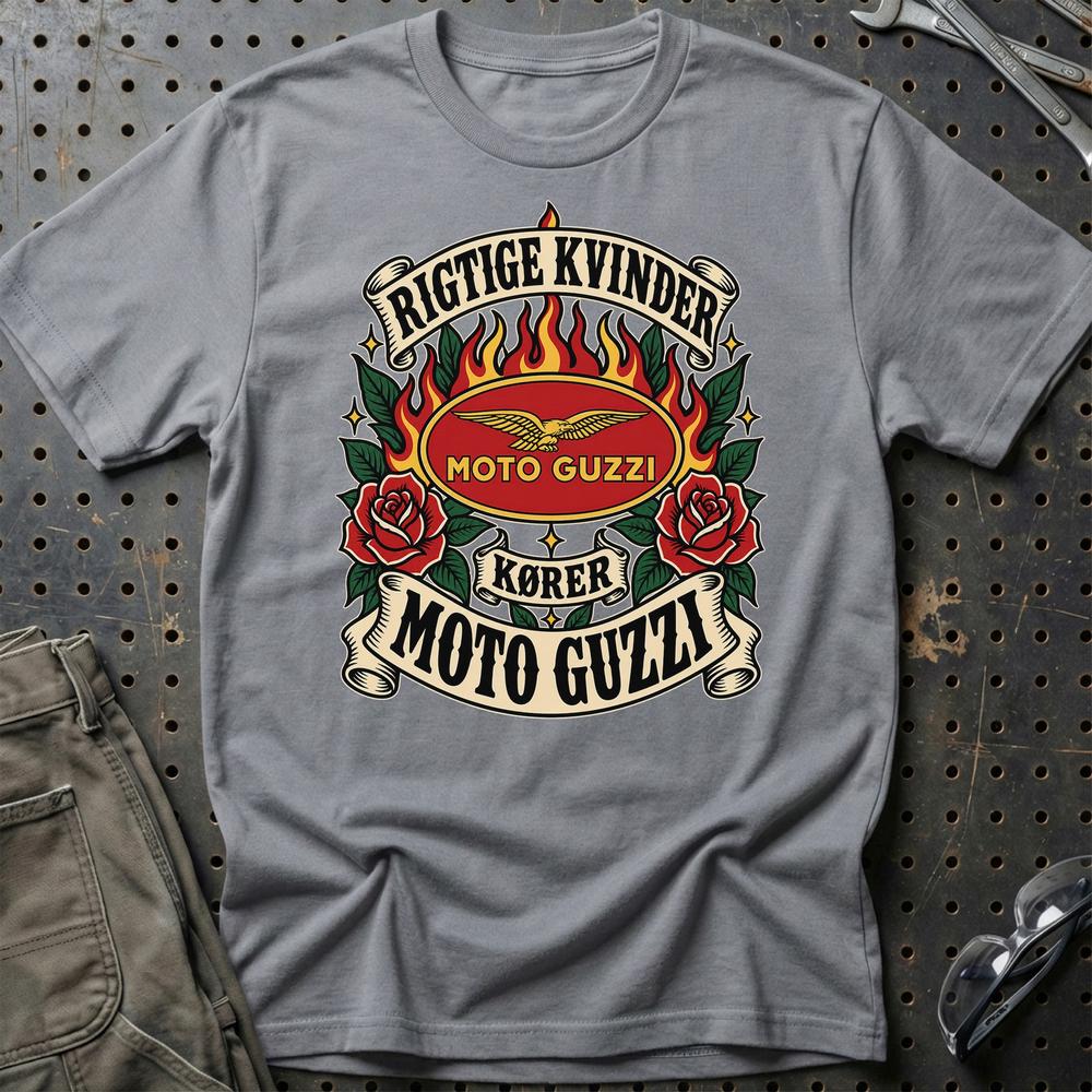 
Produktbillede af Moto Guzzi Rigtige Kvinder Kører – Roser og Flammer T-Shirt