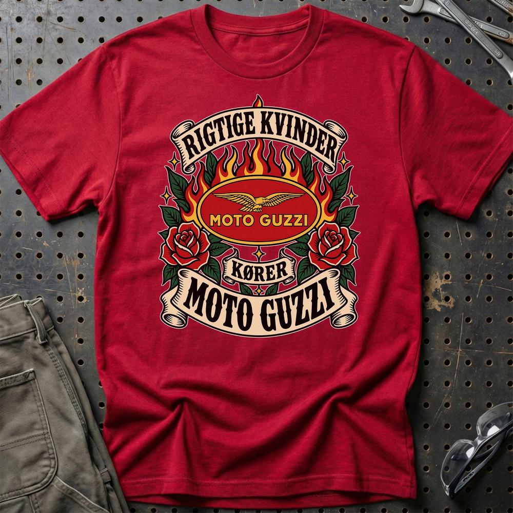 
Produktbillede af Moto Guzzi Rigtige Kvinder Kører – Roser og Flammer T-Shirt