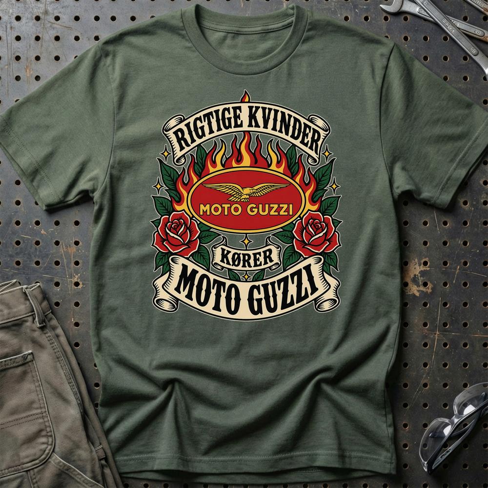 
Produktbillede af Moto Guzzi Rigtige Kvinder Kører – Roser og Flammer T-Shirt