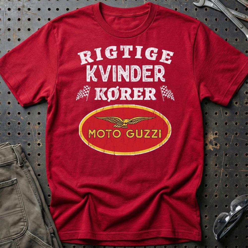 Moto Guzzi Rigtige Kvinder Kører - Unisex T-Shirt , Bomuld-Beklædning-Moto Guzzi-Rød-S-Garage Culture Shop- garage - man cave - merchandise