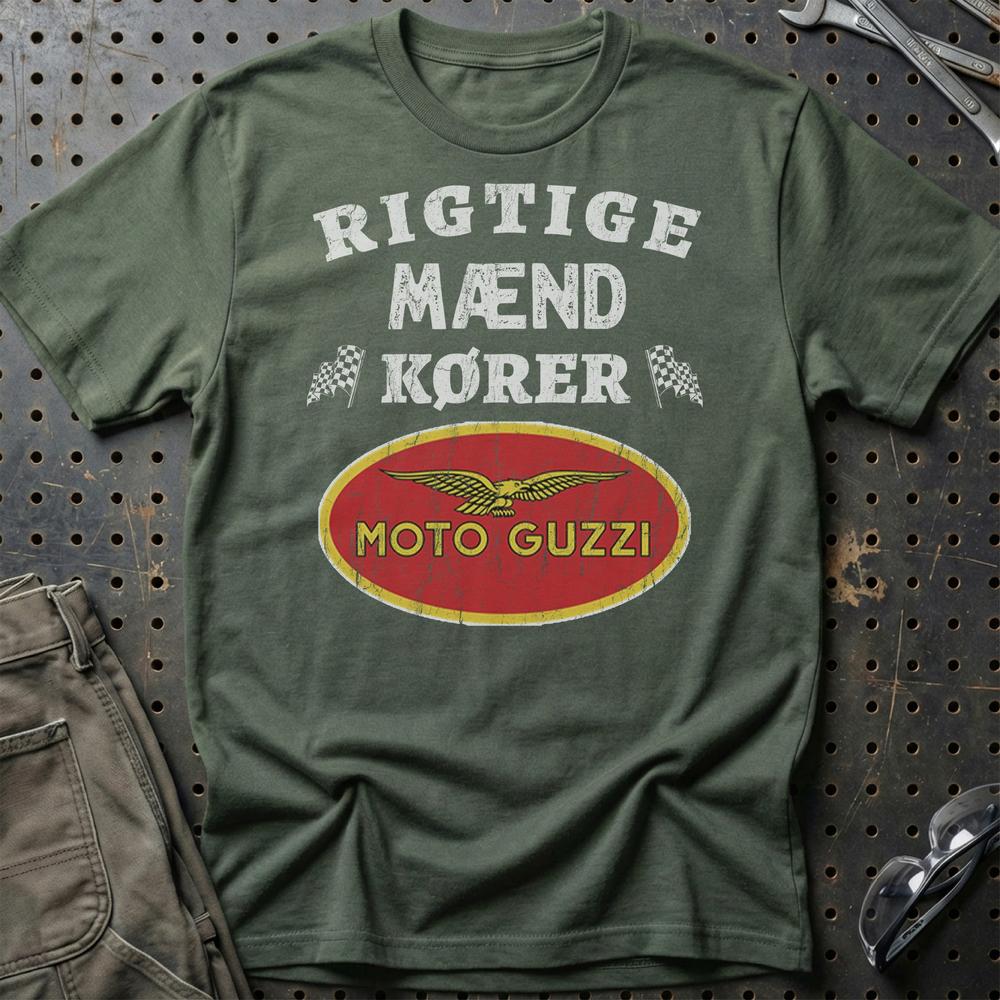 Moto Guzzi Rigtige Mænd Kører - Unisex T-Shirt , Bomuld-Beklædning-Moto Guzzi-Grøn Militær-S-Garage Culture Shop- garage - man cave - merchandise
