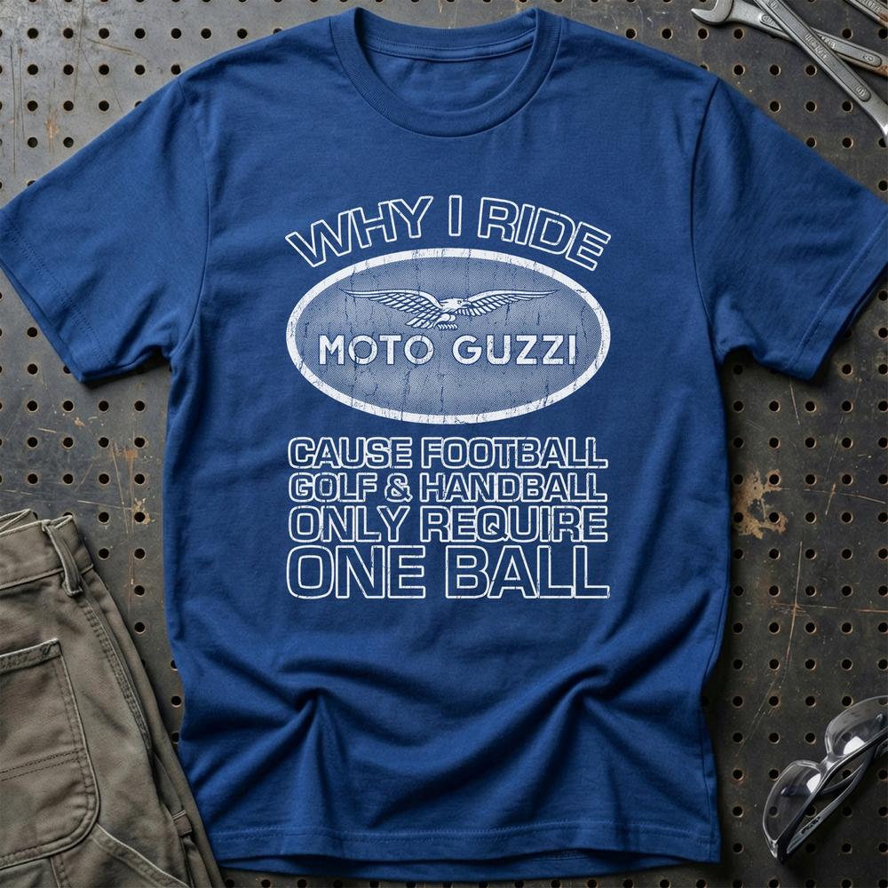 Moto Guzzi - Why I Drive Moto Guzzi T-Shirt-Beklædning-Moto Guzzi-Blå Royal-S-Garage Culture Shop- garage - man cave - merchandise