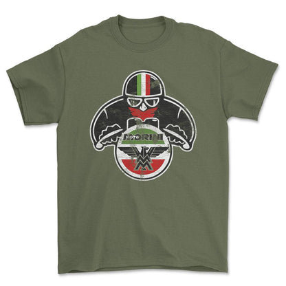 Moto Morini Biker Vintage Style Unisex T-Shirt , Bomuld-Beklædning-Moto Morini-Grøn Militær-S-Forside-Garage Culture Shop- garage - man cave - merchandise