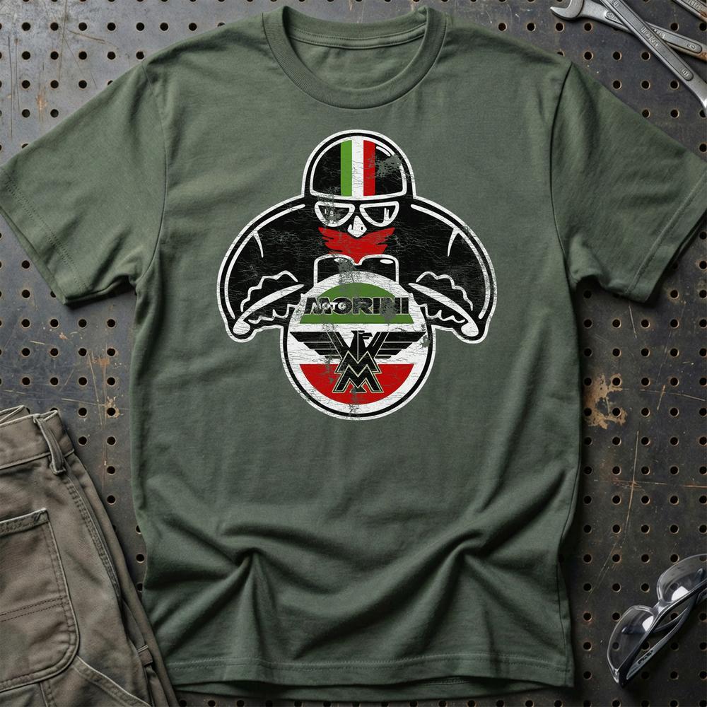 Moto Morini Biker Vintage Style Unisex T-Shirt , Bomuld-Beklædning-Moto Morini-Grøn Militær-S-Garage Culture Shop- garage - man cave - merchandise
