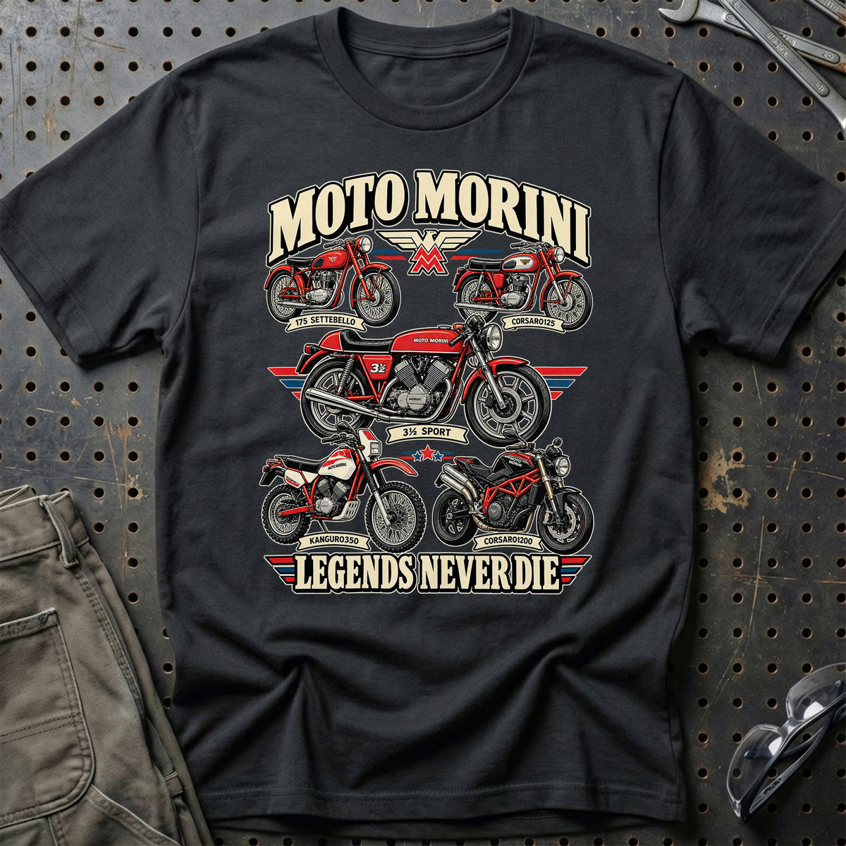 Moto Morini Legends Never Die T-Shirt-Beklædning-Moto Morini-Sort-S-Garage Culture Shop- garage - man cave - merchandise
