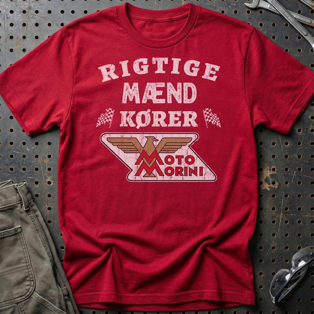 Moto Morini Rigtige Mænd Kører T-Shirt-Beklædning-Moto Morini-Rød-S-Garage Culture Shop- garage - man cave - merchandise