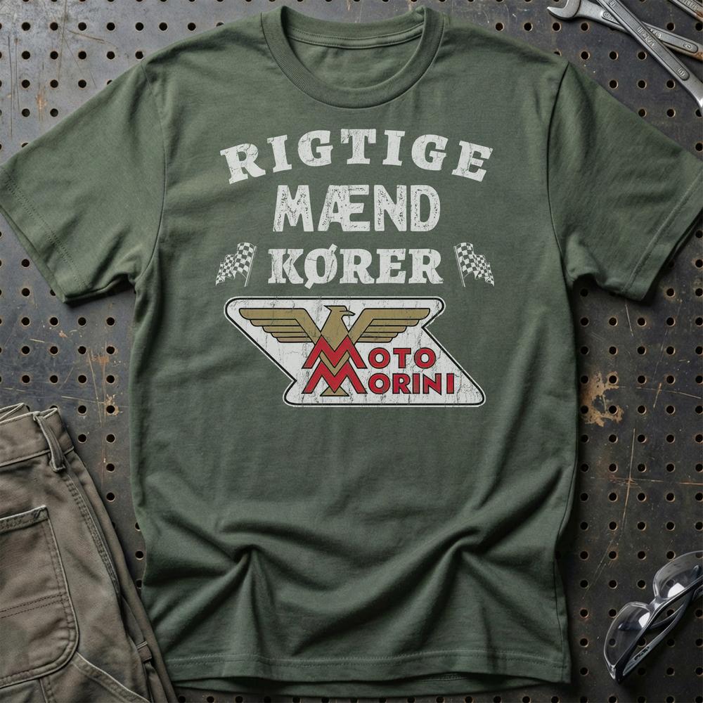 Moto Morini Rigtige Mænd Kører T-Shirt-Beklædning-Moto Morini-Grøn Militær-S-Garage Culture Shop- garage - man cave - merchandise