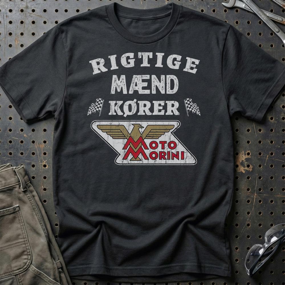 Moto Morini Rigtige Mænd Kører T-Shirt-Beklædning-Moto Morini-Sort-S-Garage Culture Shop- garage - man cave - merchandise