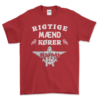 Moto Rumi Rigtige Mænd Kører - Unisex T-Shirt , Bomuld-Beklædning-Moto Rumi-Rød-S-Forside-Garage Culture Shop- garage - man cave - merchandise