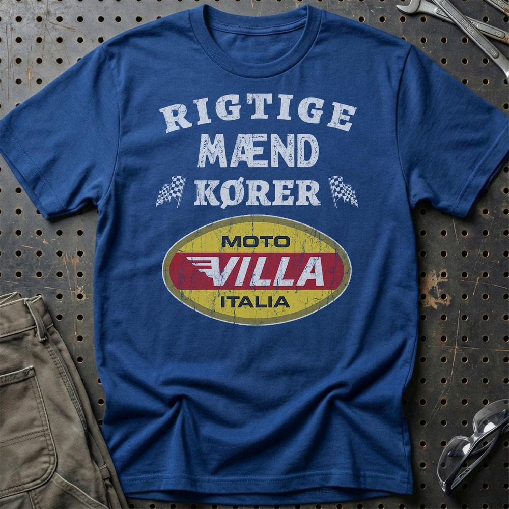 Moto Villa Rigtige Mænd Kører T-Shirt-Beklædning-Moto Villa-Blå Royal-S-Garage Culture Shop- garage - man cave - merchandise