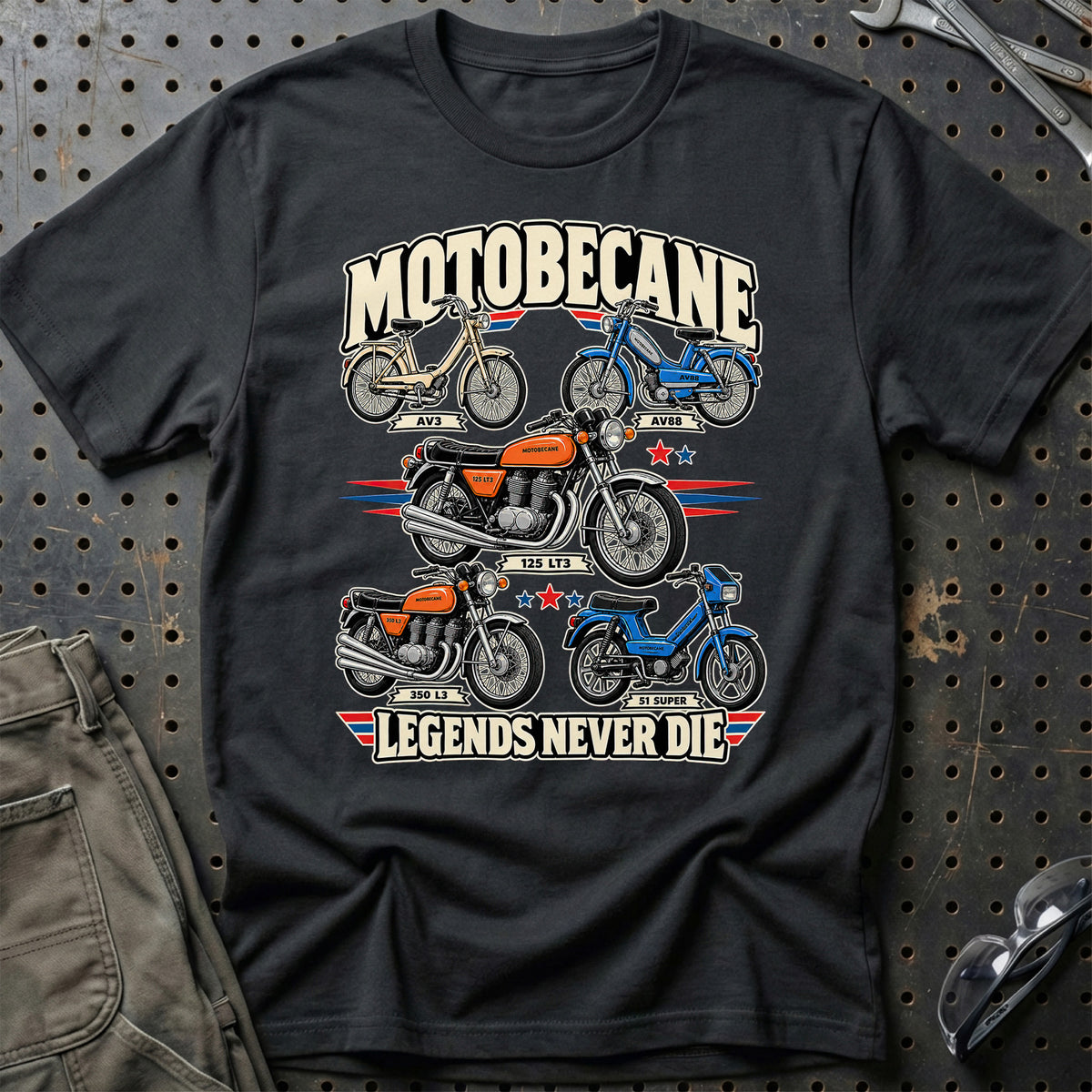 Motobecane Legends Never Die T-Shirt-Beklædning-Motobecane-Sort-S-Garage Culture Shop- garage - man cave - merchandise