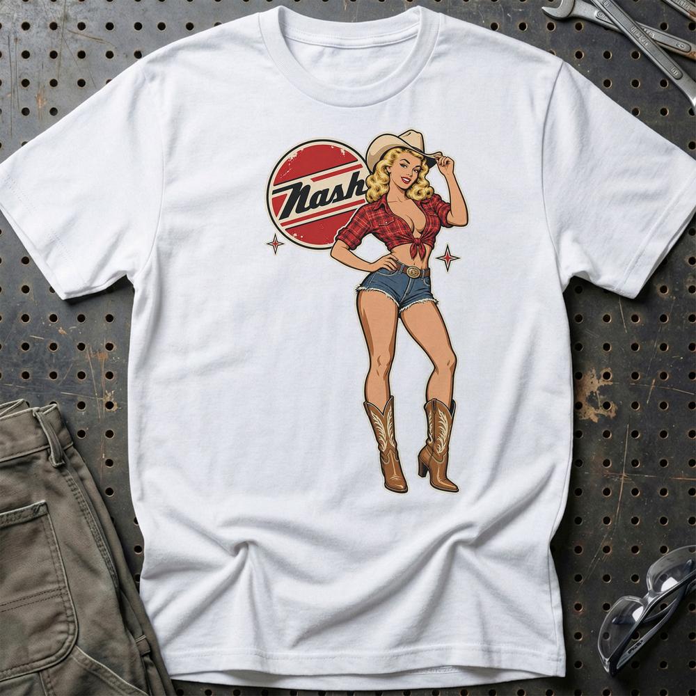 Nash Cowboy Pinup T-Shirt-Beklædning-Nash-Hvid-S-Garage Culture Shop- garage - man cave - merchandise