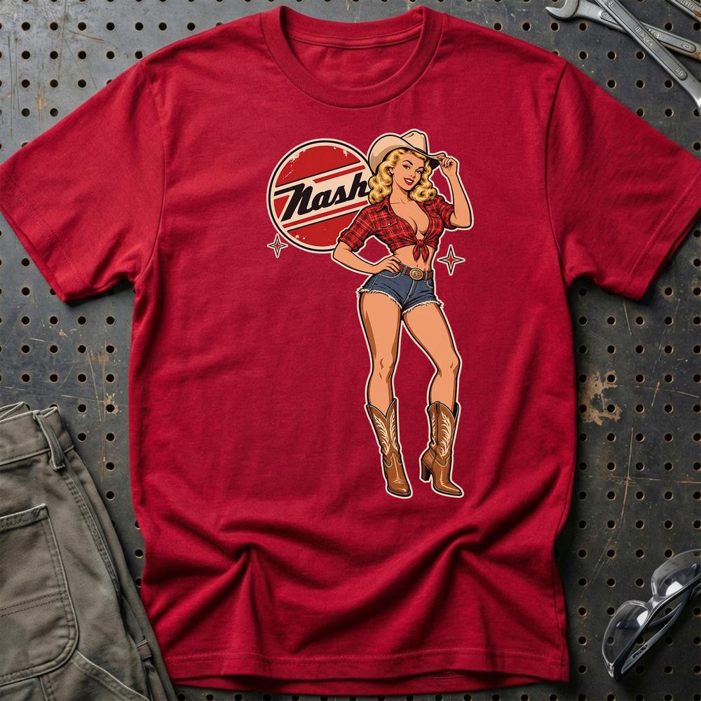 Nash Cowboy Pinup T-Shirt-Beklædning-Nash-Rød-S-Garage Culture Shop- garage - man cave - merchandise