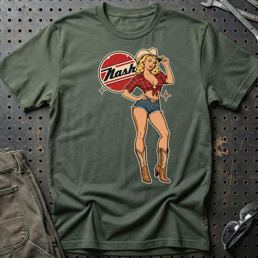 Nash Cowboy Pinup T-Shirt-Beklædning-Nash-Grøn Militær-S-Garage Culture Shop- garage - man cave - merchandise