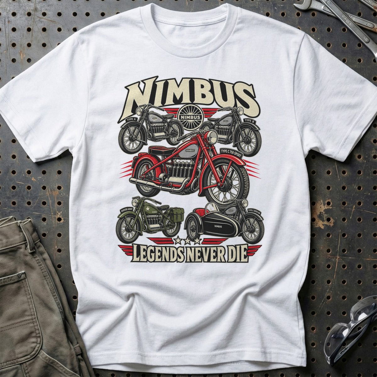 Nimbus Legends Never Die T-Shirt-Beklædning-Nimbus-Hvid-S-Garage Culture Shop- garage - man cave - merchandise