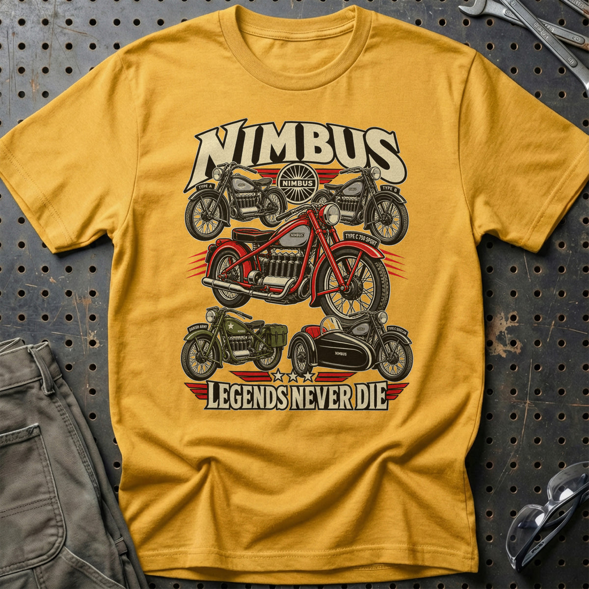 Nimbus Legends Never Die T-Shirt-Beklædning-Nimbus-Guld-S-Garage Culture Shop- garage - man cave - merchandise