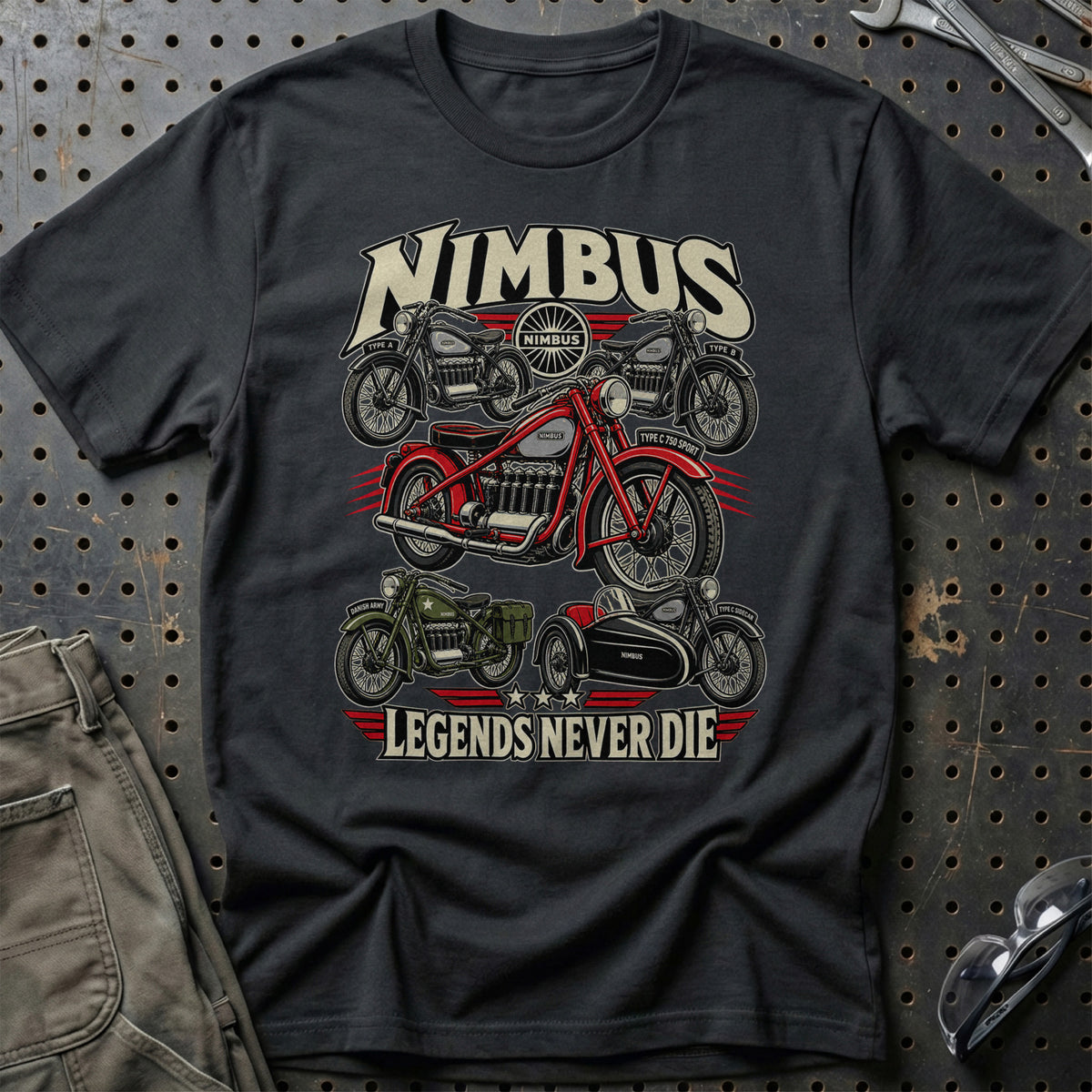 Nimbus Legends Never Die T-Shirt-Beklædning-Nimbus-Sort-S-Garage Culture Shop- garage - man cave - merchandise