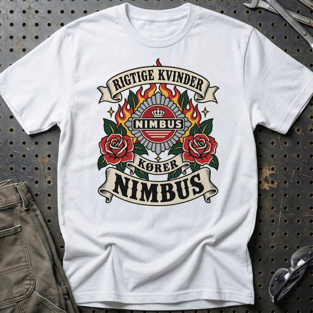 Nimbus Rigtige Kvinder Kører – Roser og Flammer T-Shirt-Beklædning-Nimbus-Hvid-S-Garage Culture Shop- garage - man cave - merchandise