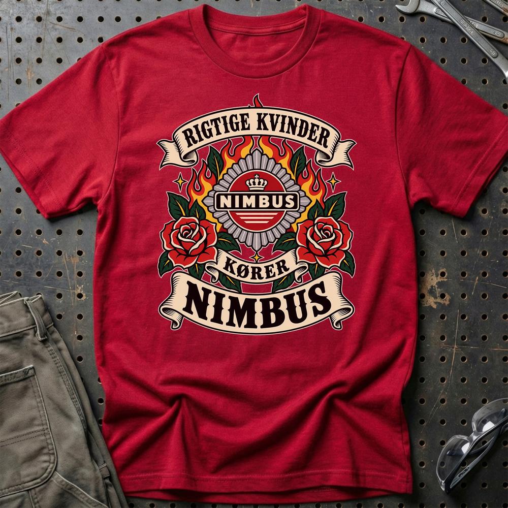 Nimbus Rigtige Kvinder Kører – Roser og Flammer T-Shirt-Beklædning-Nimbus-Rød-S-Garage Culture Shop- garage - man cave - merchandise