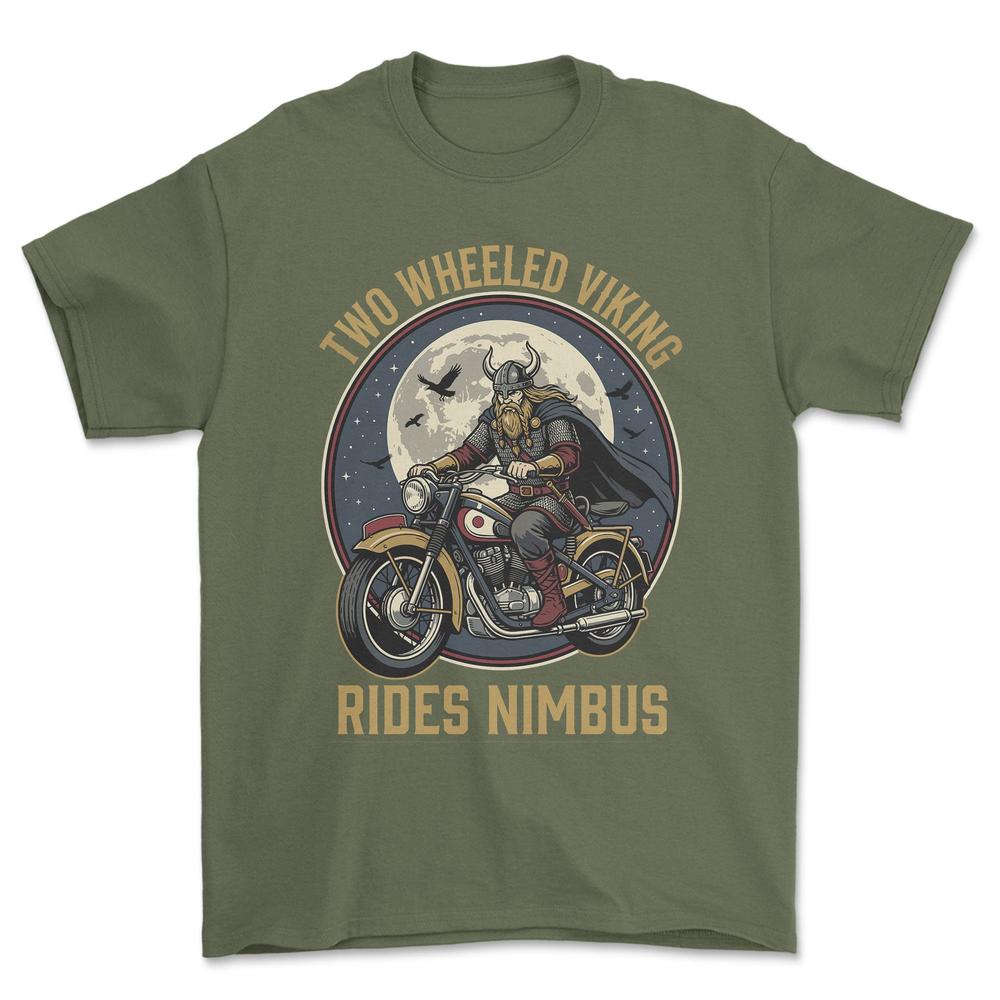 Nimbus Two Wheeled Viking Rides Nimbus - Unisex T-Shirt , Bomuld-Beklædning-Nimbus-Grøn Militær-S-Forside-Garage Culture Shop- garage - man cave - merchandise