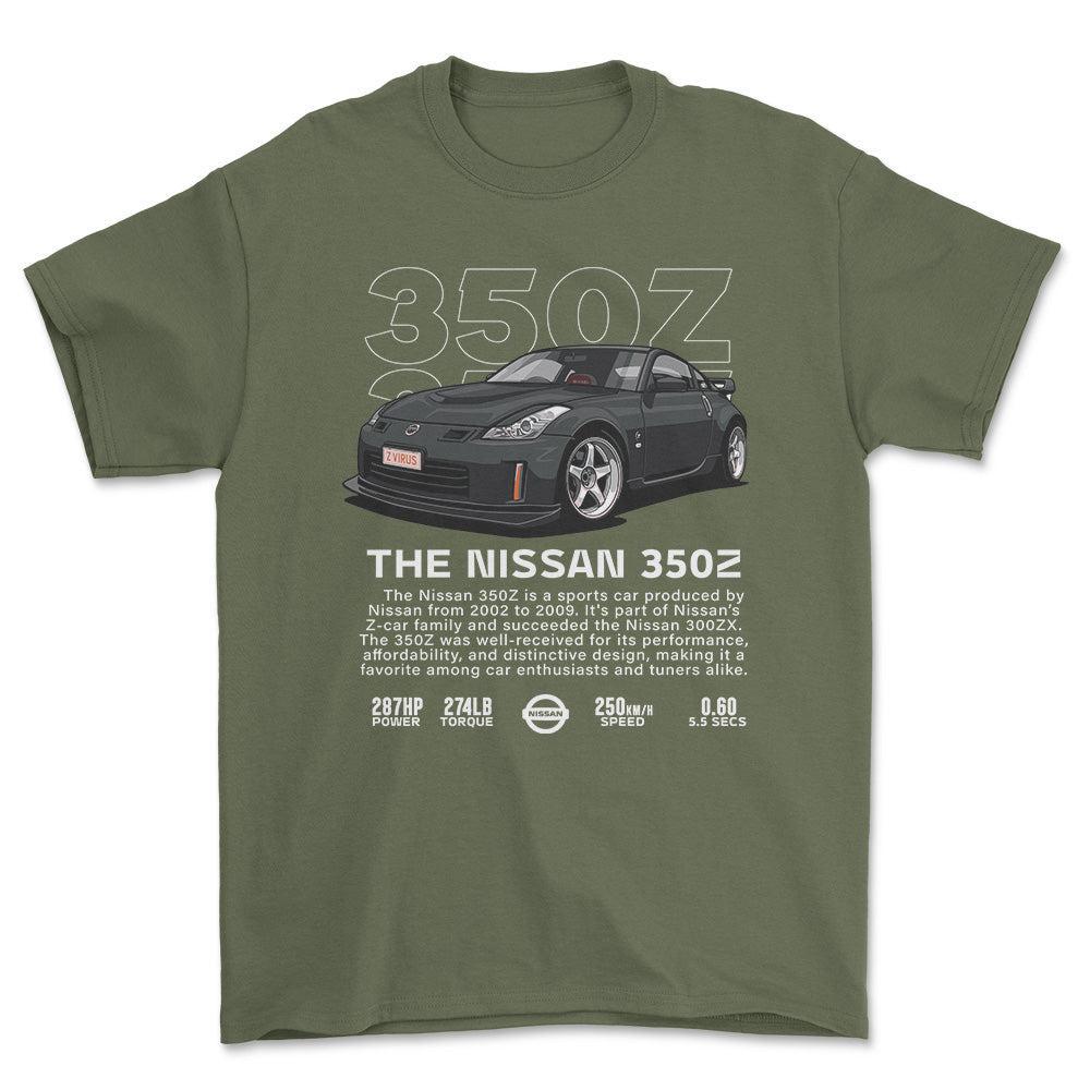 Nissan 350Z - Unisex T-Shirt , Bomuld-Beklædning-Nissan-Grøn Militær-S-Forside-Garage Culture Shop- garage - man cave - merchandise