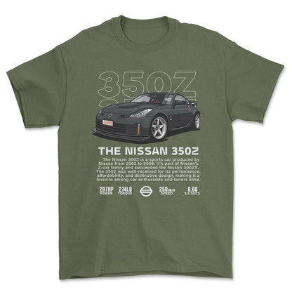 Nissan 350Z - Unisex T-Shirt , Bomuld-Beklædning-Nissan-Grøn Militær-S-Forside-Garage Culture Shop- garage - man cave - merchandise