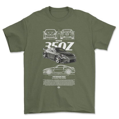 Nissan 350Z - Unisex T-Shirt , Bomuld-Beklædning-Nissan-Grøn Militær-S-Forside-Garage Culture Shop- garage - man cave - merchandise