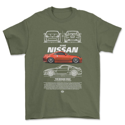 Nissan 350Z - Unisex T-Shirt , Bomuld-Beklædning-Nissan-Grøn Militær-S-Forside-Garage Culture Shop- garage - man cave - merchandise