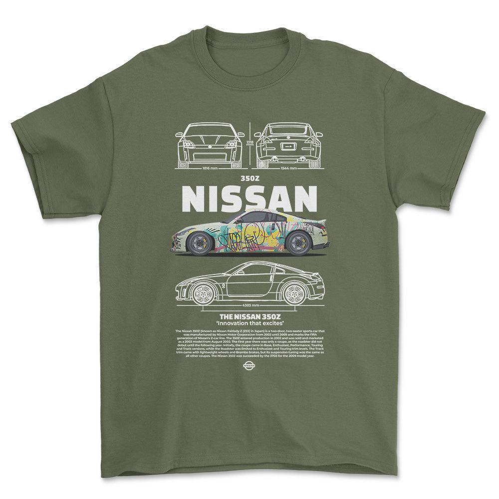 Nissan 350Z - Unisex T-Shirt , Bomuld-Beklædning-Nissan-Grøn Militær-S-Forside-Garage Culture Shop- garage - man cave - merchandise