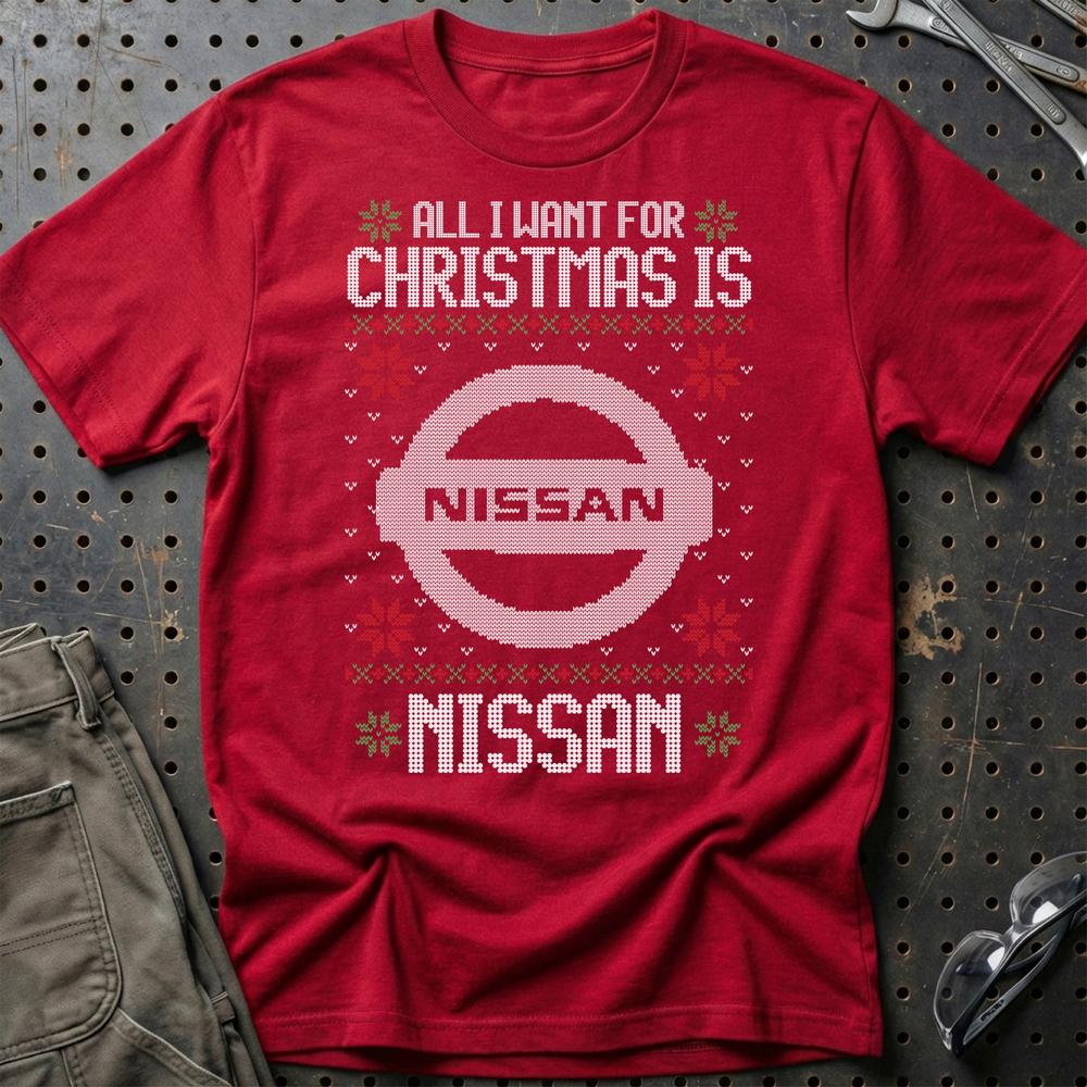 Nissan - All I Want For Christmas T-Shirt-Beklædning-Nissan-Rød-S-Garage Culture Shop- garage - man cave - merchandise