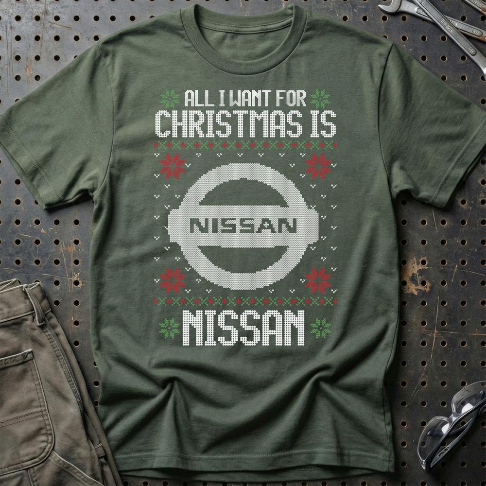 Nissan - All I Want For Christmas T-Shirt-Beklædning-Nissan-Grøn Militær-S-Garage Culture Shop- garage - man cave - merchandise