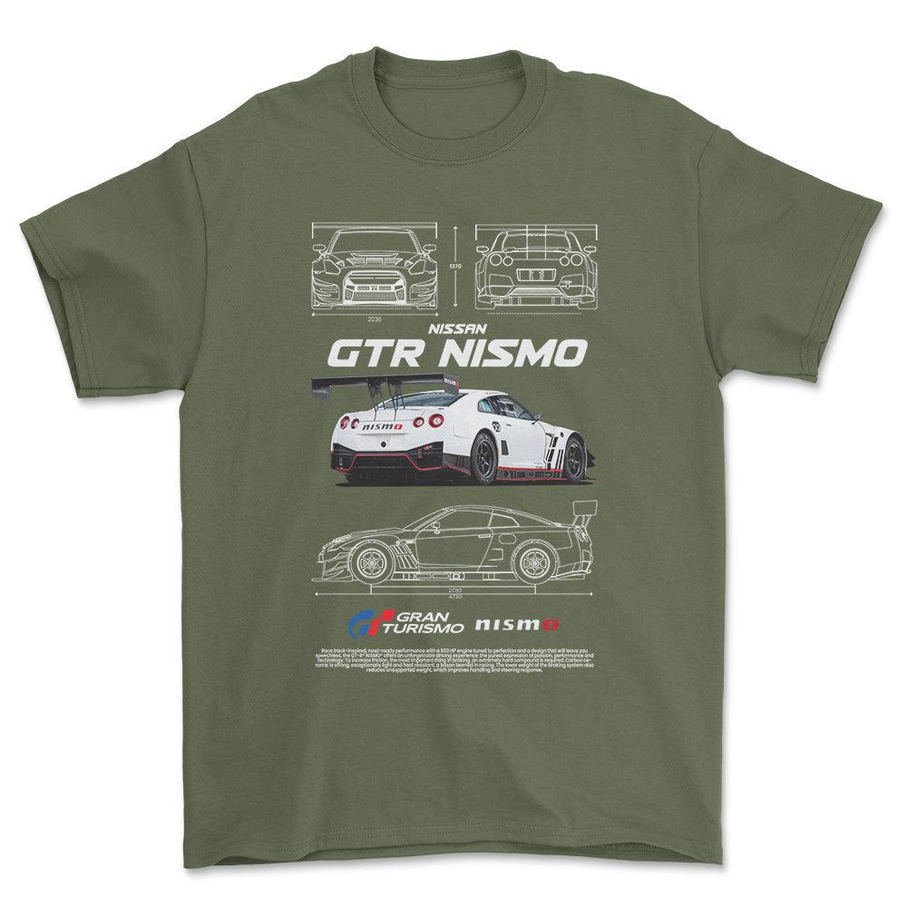 Nissan GTR Nismo - Unisex T-Shirt , Bomuld-Beklædning-Nissan-Grøn Militær-S-Forside-Garage Culture Shop- garage - man cave - merchandise