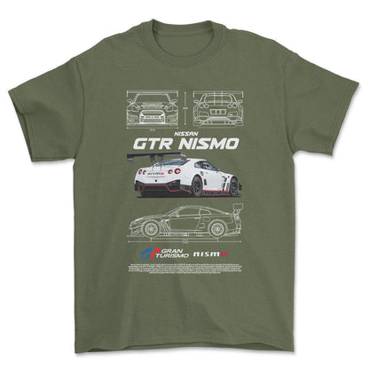 Nissan GTR Nismo - Unisex T-Shirt , Bomuld-Beklædning-Nissan-Grøn Militær-S-Forside-Garage Culture Shop- garage - man cave - merchandise