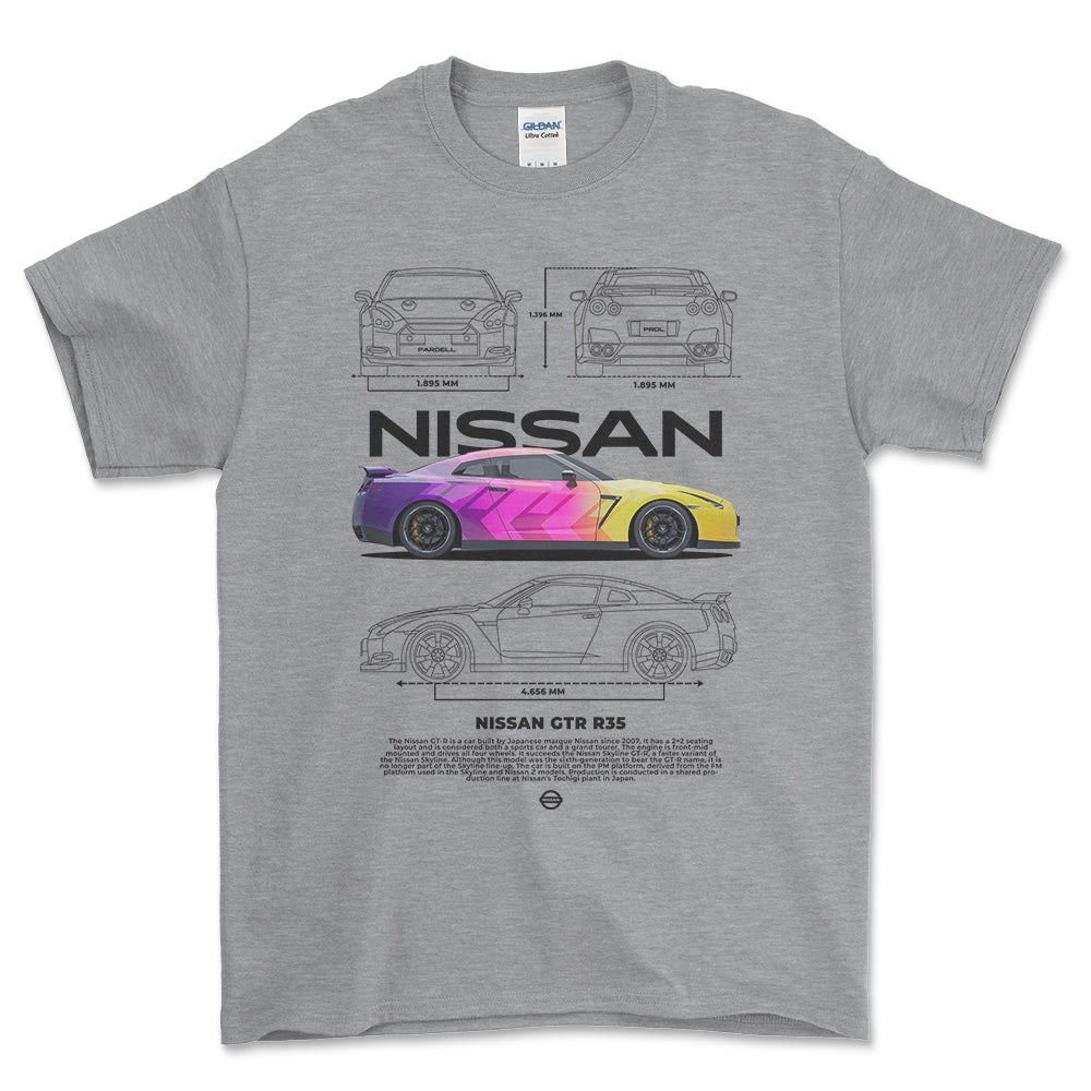 Nissan GTR R35 - Unisex T-Shirt , Bomuld-Beklædning-Nissan-Grå Sport-S-Forside-Garage Culture Shop- garage - man cave - merchandise